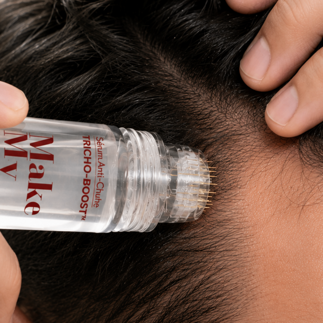 Application du sérum Tricho-Boost Make My Mask sur la ligne frontale